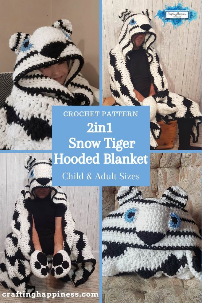 2in1 Snow Tiger Hooded Blanket In Child & Adult Sizes Crochet Pattern by Crafting Happiness