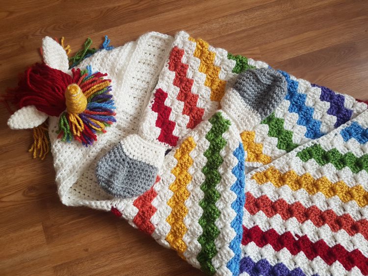 2in1 Rainbow Unicorn Hooded Blanket In Child & Adult Sizes Crochet Pattern by Crafting Happiness Poster