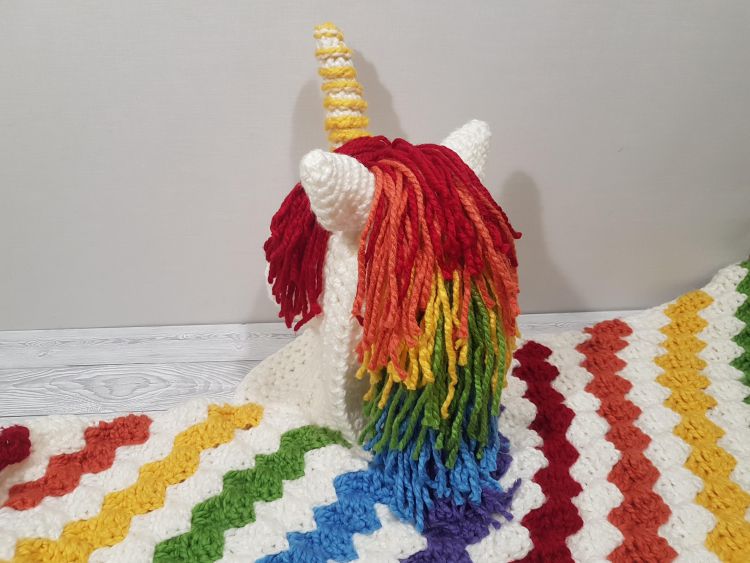2in1 Rainbow Unicorn Hooded Blanket In Child & Adult Sizes Crochet Pattern by Crafting Happiness Poster