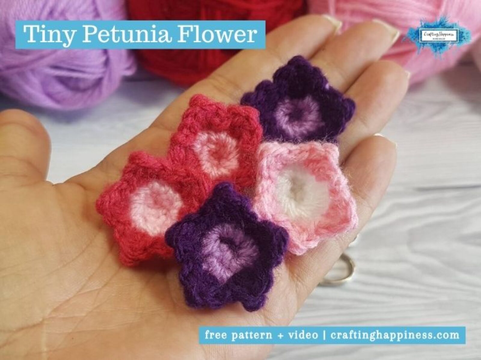 Crochet Petunia Tiny Flower by Crafting Happiness FACEBOOK POSTER