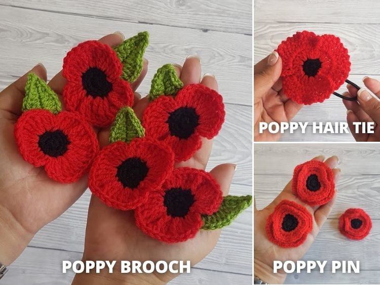 BLOG PHOTO - Bundle of 3 Remembrance Poppy Flower Crochet Patterns Poppy Brooch, Poppy Pin, Poppy Hair Tie Crafting Happiness