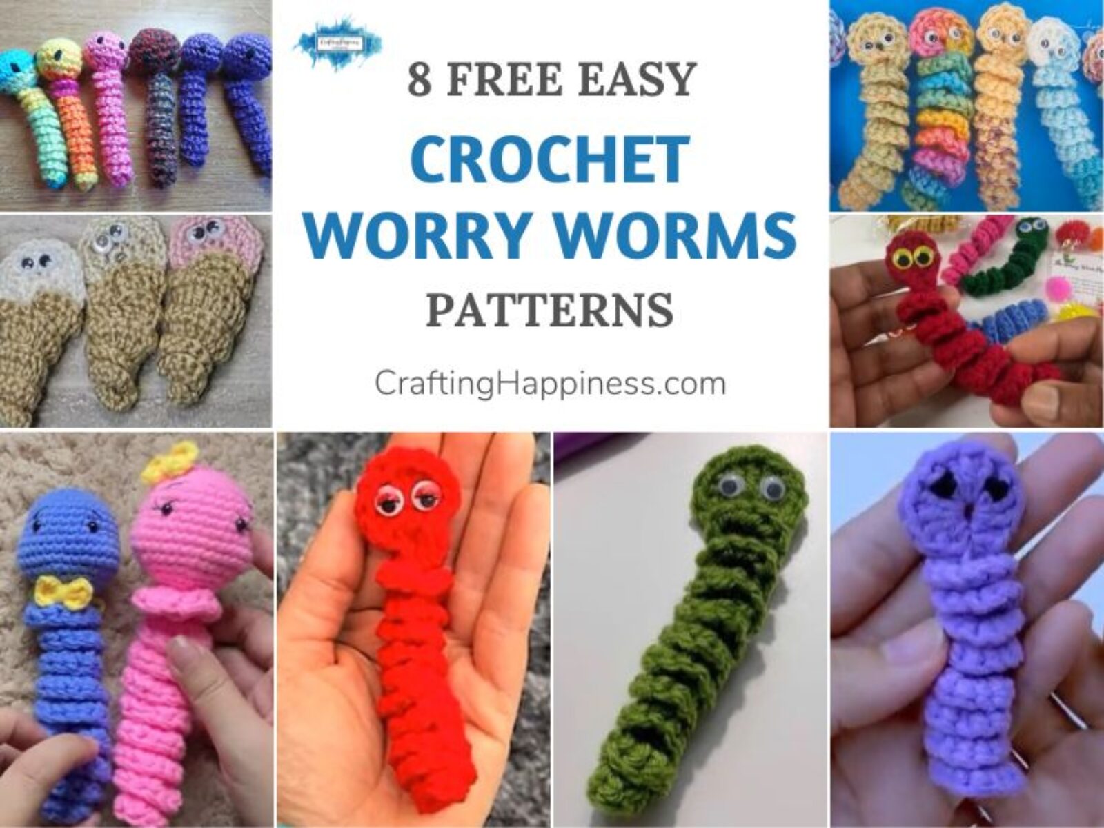 8 Free Easy Worry Worm Crochet Patterns FB POSTER