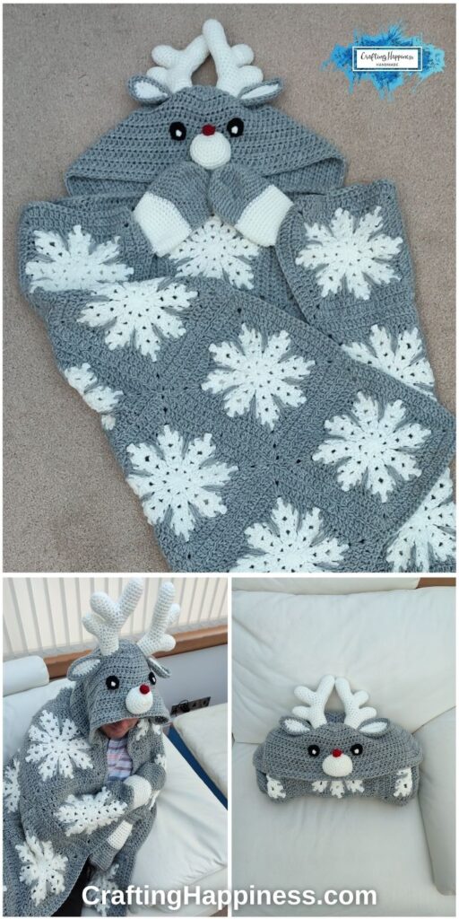 PIN 6 BLOG POSTER - Crochet Animal Reindeer Hooded Blanket - Crafting Happiness