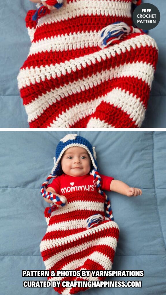 4. RED HEART PATRIOTIC BABY COCOON & HAT, NEWBORN - 5 Free Crochet Patterns For 4th Of July Props For Babies - Crafting Happiness