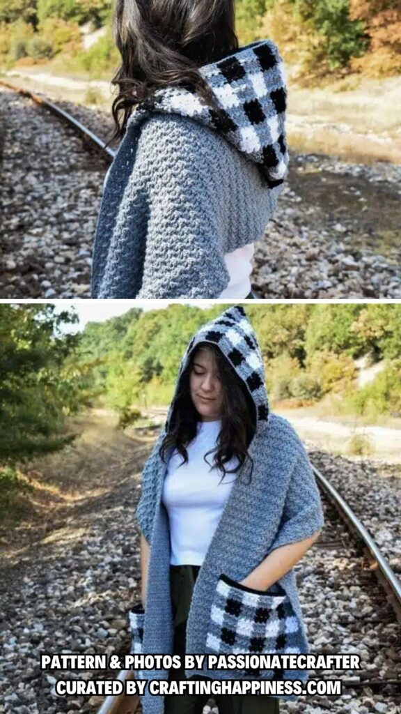 1. Pocket scarf with hood ‘Checkmate - 8 Crochet Pocket Shawl Patterns You Can Wear Anywhere - Crafting Happiness