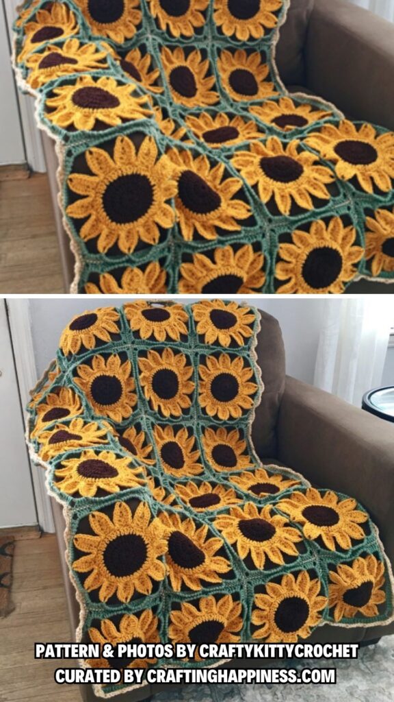 3. Sunflower Square Blanket - 6 Free Beautiful Sunflower Crochet Blanket Patterns - Crafting Happiness