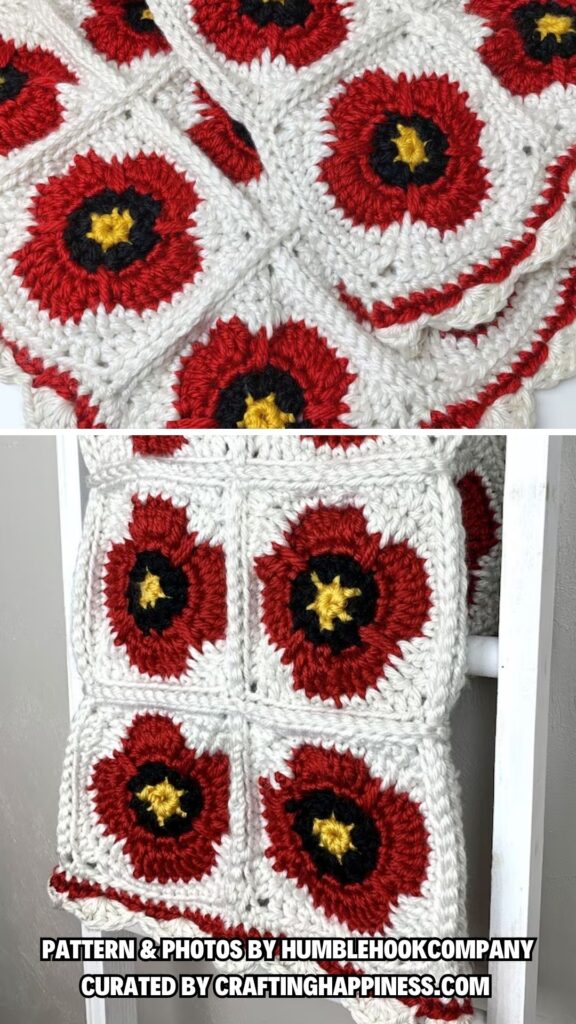 4. Poppy Flower Granny Square - 6 Crochet Poppy Blanket Patterns For Remembrance Day - Crafting Happiness
