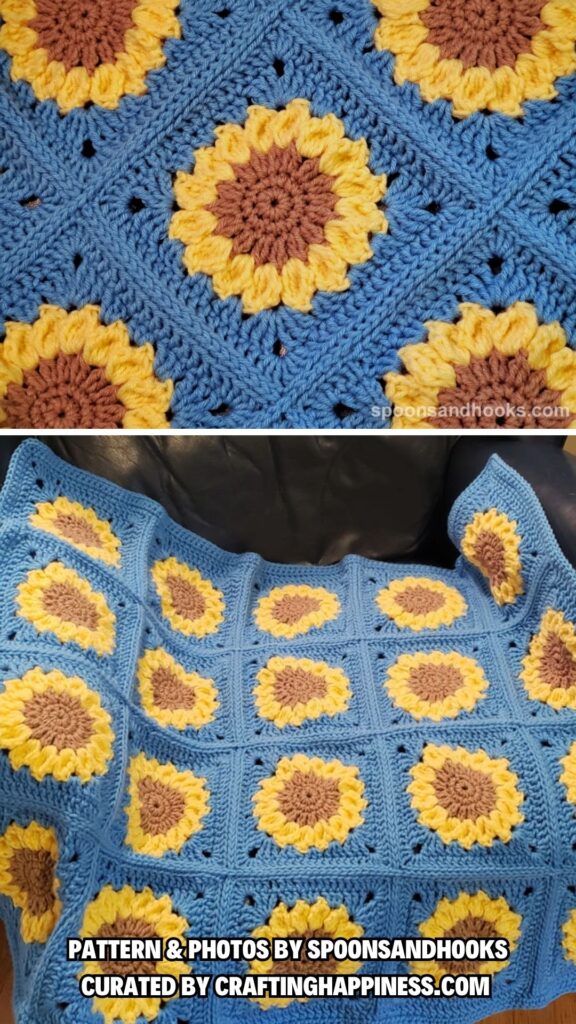 6. “Prayers for Ukraine” sunflower afghan block - 6 Free Beautiful Sunflower Crochet Blanket Patterns - Crafting Happiness