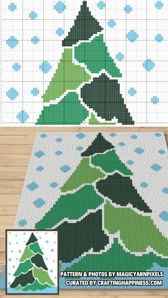 7. Christmas Tree With Snow Pattern Graph - 8 Festive Christmas C2C Crochet Blanket Patterns - Crafting Happiness