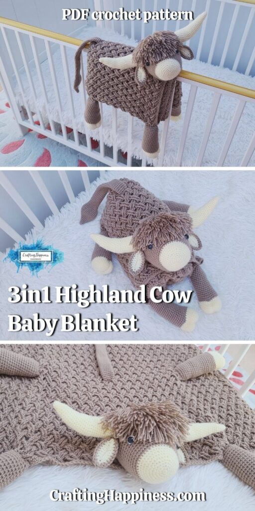 PINTEREST 4 BLOG POSTER - 3in1 Highland Cow Baby Blanket - Crochet Pattern by Crafting Happiness