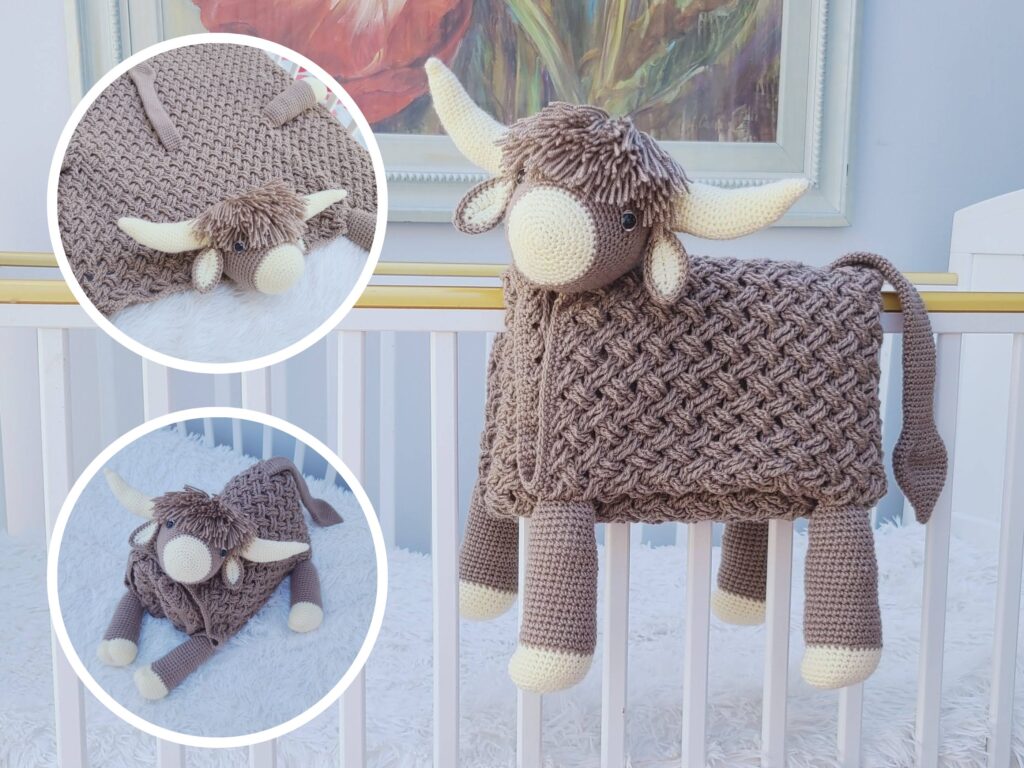 Shop Photo 1 - 3in1 Highland Cow Baby Blanket - Crafting Happiness