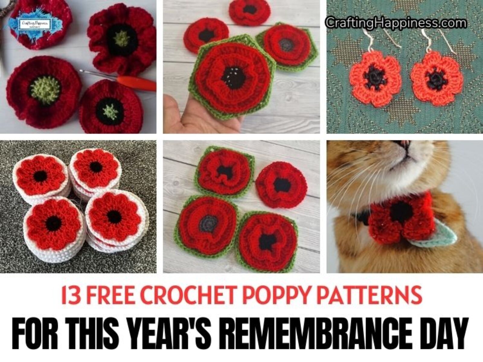 FB POSTER - 13 Free Crochet Poppy Patterns For This Year's Remembrance Day - Crafting Happiness