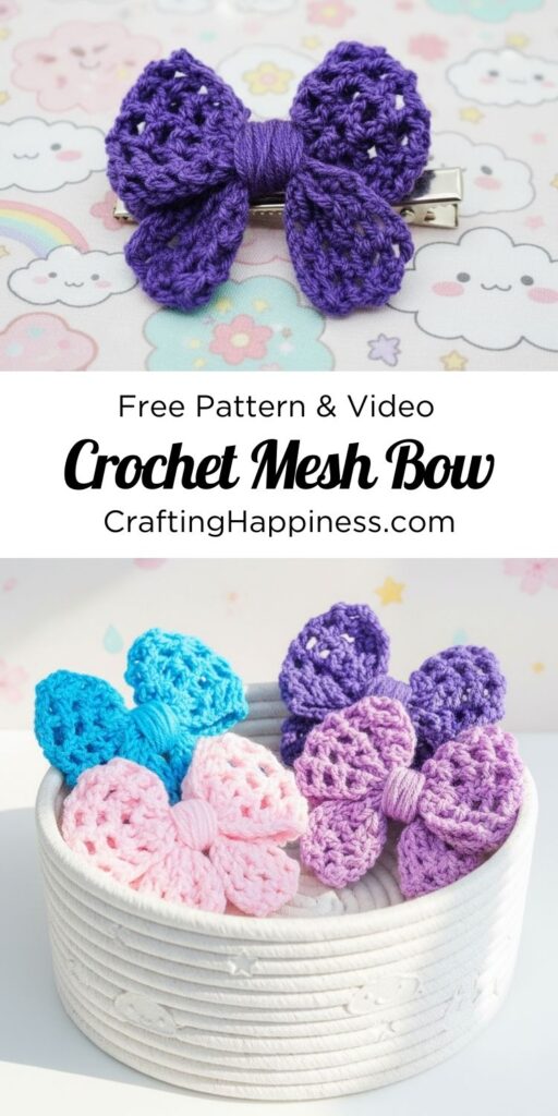 MAIN PIN 1 - Mesh Bow Free Crochet Pattern and Video - CraftingHappiness