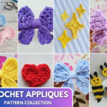 A grid-style collage showcasing eight different colorful crochet appliques. The top row features tiny pink and blue bows, a purple openwork mesh bow, three yellow four-pointed stars, and a purple Celtic weave bow. The bottom row displays a solid yellow bow, a textured red heart, a blue granny stitch bow, and three yellow-and-black striped bumblebees. A prominent purple banner at the bottom contains white text reading "CROCHET APPLIQUES PATTERN COLLECTION".