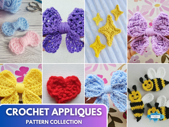 A grid-style collage showcasing eight different colorful crochet appliques. The top row features tiny pink and blue bows, a purple openwork mesh bow, three yellow four-pointed stars, and a purple Celtic weave bow. The bottom row displays a solid yellow bow, a textured red heart, a blue granny stitch bow, and three yellow-and-black striped bumblebees. A prominent purple banner at the bottom contains white text reading "CROCHET APPLIQUES PATTERN COLLECTION".