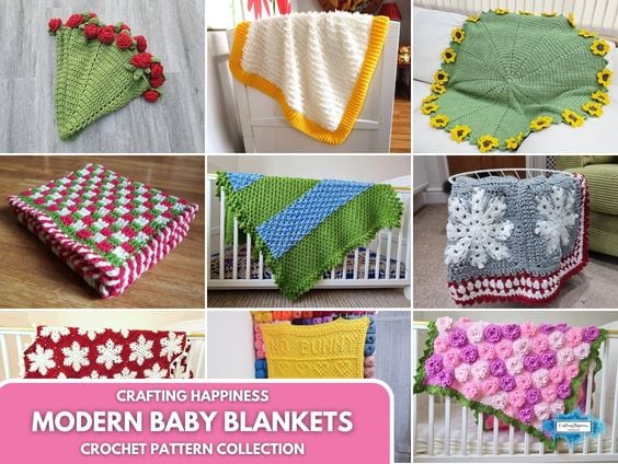 Crafting Happiness Modern Baby Blankets Crochet Pattern Collection featuring nine colorful crochet blanket designs