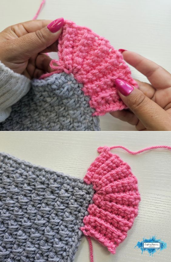 A two-panel vertical graphic demonstrating how to turn a corner. The top panel shows hands holding a bunched, fan-like pink ribbed corner section. The bottom panel shows the completed rounded corner lying flat against the grey project. A small blue Crafting Happiness logo is in the bottom right corner. Original design by Ariana of CraftingHappiness.