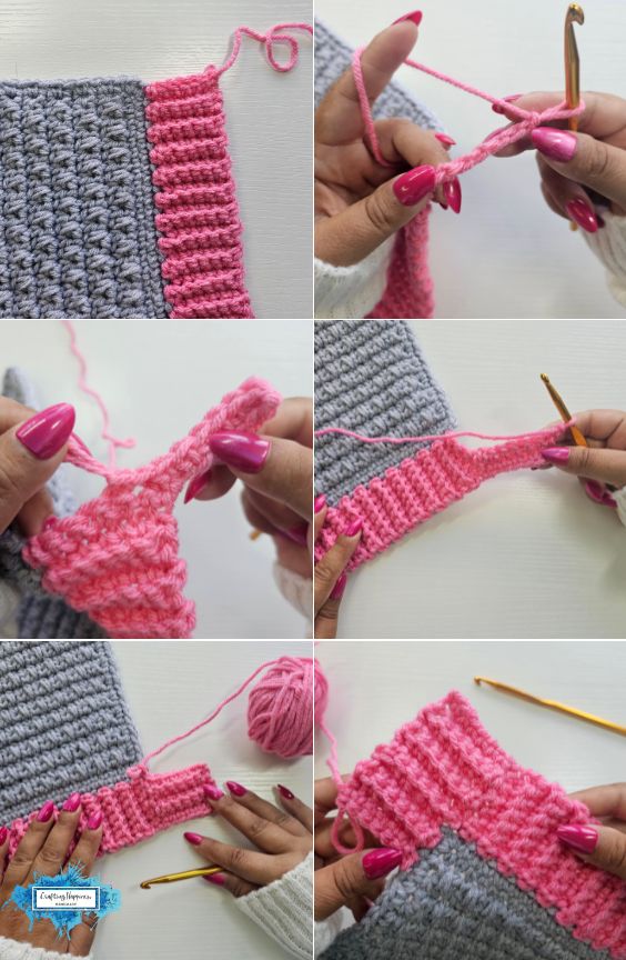 A six-panel grid illustrating the detailed process for creating a sharp, square corner with the pink ribbed border, showing the progressive addition of stitches around the corner edge of the grey piece. A small blue Crafting Happiness logo is in the bottom left panel. Original design by Ariana of CraftingHappiness.