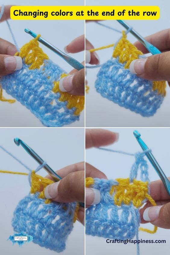 A four-panel step-by-step tutorial image showing how to change yarn colors at the end of a row in crochet. The demonstration features a metallic blue crochet hook working on a textured crocheted swatch, illustrating the process of completing the final pull-through of the last stitch in a yellow section using light blue yarn to create a clean color transition before turning to start the next row. This tutorial is made by Ariana Wimsett of Crafting Happiness, a professional crochet designer and author.