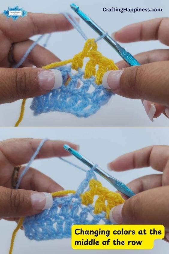 A two-panel step-by-step tutorial image showing how to change yarn colors in the middle of a row in crochet. The demonstration features a metallic blue crochet hook working on a crocheted swatch, illustrating the process of completing the final pull-through of a stitch with a light blue yarn to seamlessly transition from a section of bright yellow stitches. This tutorial is made by Ariana Wimsett of Crafting Happiness, a professional crochet designer and author.