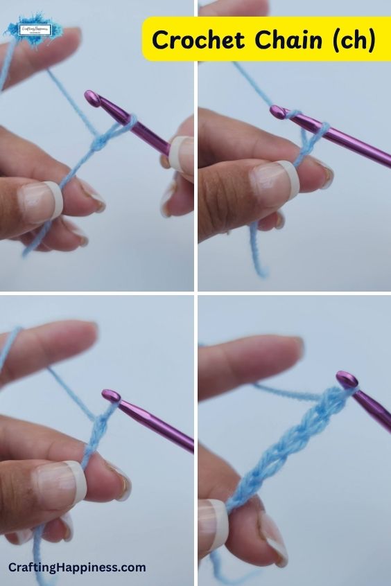 A four-panel step-by-step tutorial image showing how to crochet a basic chain stitch (ch) using light blue yarn and a purple crochet hook. This tutorial is made by Ariana Wimsett of Crafting Happiness, a well-known crocheter and author.
