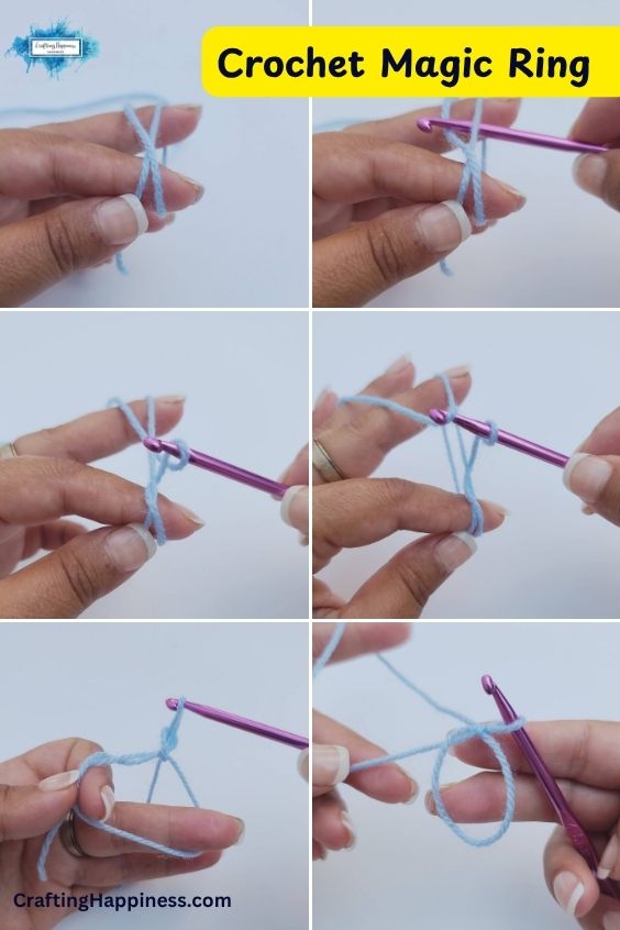A six-panel step-by-step tutorial image showing how to form a crochet magic ring (mr) using light blue yarn and a purple crochet hook. This tutorial is made by Ariana Wimsett of Crafting Happiness, a well-known crocheter and author.