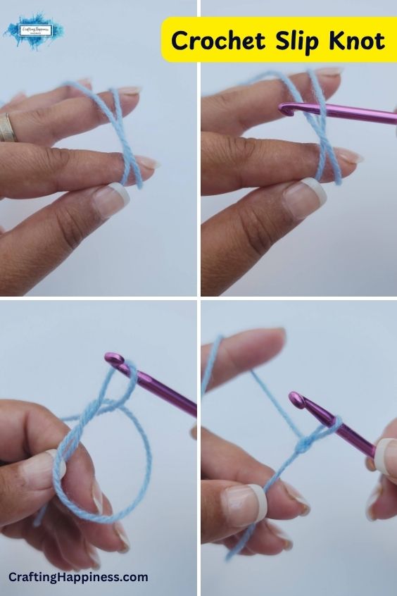 A four-panel step-by-step tutorial image showing how to make a crochet slip knot with light blue yarn and a purple crochet hook. This tutorial is made by Ariana Wimsett of Crafting Happiness, a well-known crocheter and author.