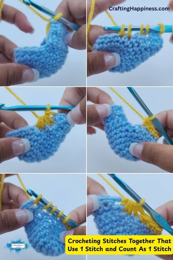 A six-panel step-by-step tutorial image explaining how to crochet stitches together that use 1 stitch and count as 1 stitch. The demonstration features a metallic blue crochet hook working bright yellow yarn into a light blue crocheted swatch, showcasing how multiple loops are drawn from a single base stitch and gathered together on the hook to form a textured design feature rather than a standard decrease. This tutorial is made by Ariana Wimsett of Crafting Happiness, a professional crochet designer and author.