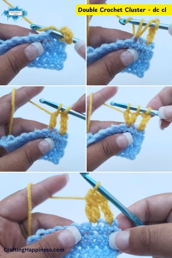 A five-panel step-by-step tutorial image showing how to work a double crochet cluster (dc cl) stitch. The demonstration features a metallic blue crochet hook working bright yellow yarn into a light blue crocheted swatch, showing the process of pulling up loops and leaves multiple loops on the hook before completing the clustered stitch. This tutorial is made by Ariana Wimsett of Crafting Happiness, a well-known crocheter and author.