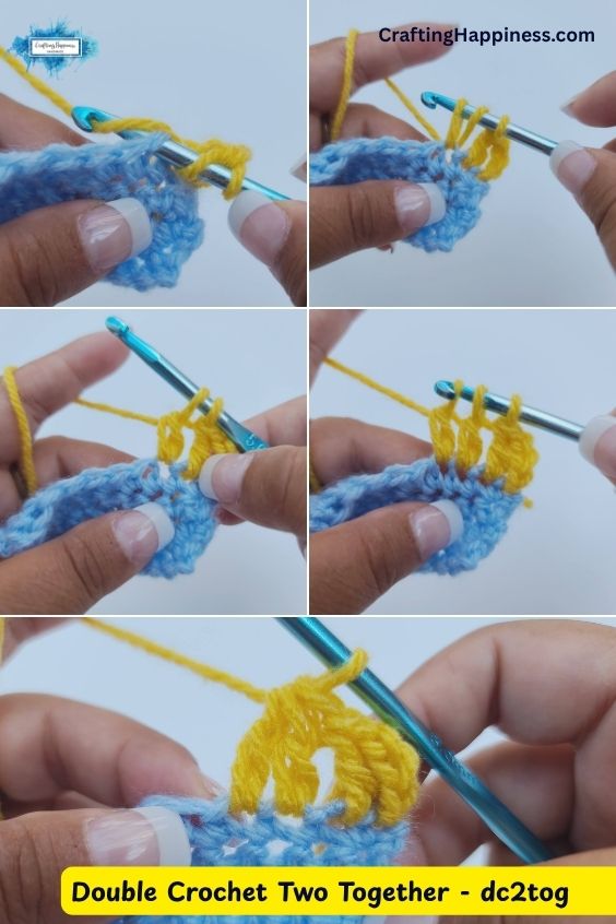 A five-panel step-by-step tutorial image showing how to work a double crochet two together (dc2tog) stitch decrease. The demonstration features a metallic blue crochet hook working bright yellow yarn into a light blue crocheted swatch, illustrating how to work two partial double crochet stitches in consecutive stitches before drawing the yarn through all loops on the hook to join them together. This tutorial is made by Ariana Wimsett of Crafting Happiness, a professional crochet designer and author.