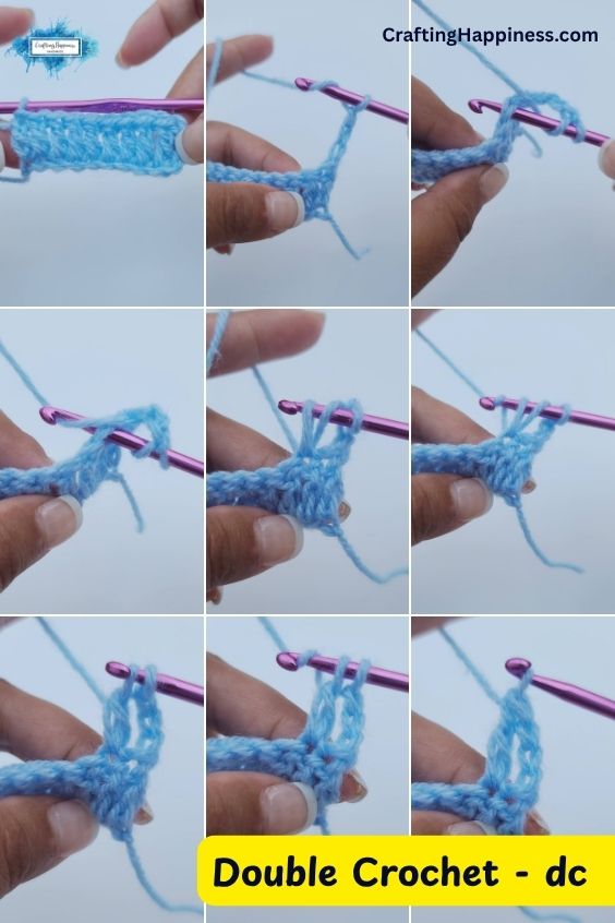 A multi-panel step-by-step tutorial image showing how to crochet a double crochet (dc) stitch and row using light blue yarn and a purple crochet hook. This tutorial is made by Ariana Wimsett of Crafting Happiness, a well-known crocheter and author.