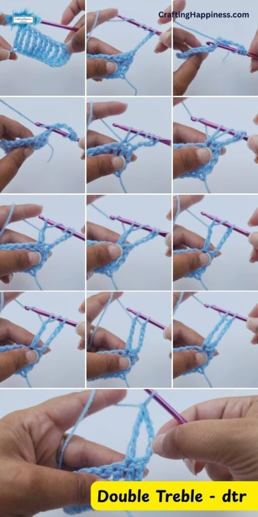 A multi-panel step-by-step tutorial image showing how to crochet a double treble crochet (dtr) stitch and row using light blue yarn and a purple crochet hook. This tutorial is made by Ariana Wimsett of Crafting Happiness, a well-known crocheter and author.