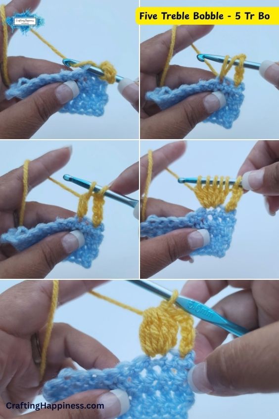 A five-panel step-by-step tutorial image showing how to work a five treble bobble stitch (5 Tr Bo). The demonstration features a metallic blue crochet hook working bright yellow yarn into a light blue crocheted swatch, illustrating how to gather six loops on the hook before closing them together to create a tall, textured bobble stitch. This tutorial is made by Ariana Wimsett of Crafting Happiness, a well-known crocheter and author.