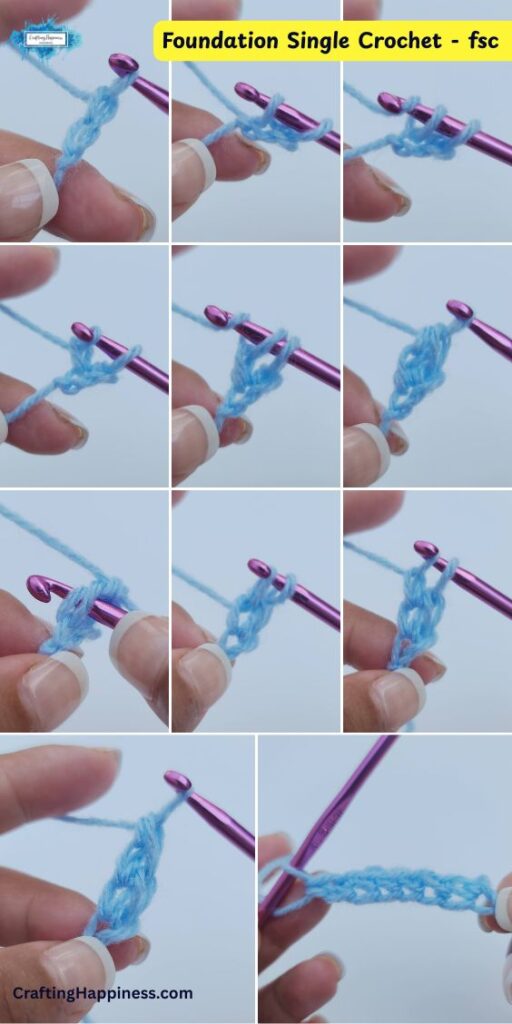 A multi-panel, step-by-step tutorial image demonstrating how to work a foundation single crochet (fsc) stitch row with light blue yarn and a purple crochet hook. This tutorial is made by Ariana Wimsett of Crafting Happiness, a well-known crocheter and author.
