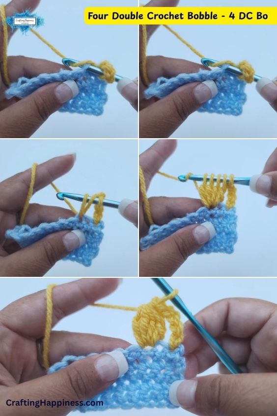 A five-panel step-by-step tutorial image showing how to work a four double crochet bobble stitch (4 DC Bo). The demonstration features a metallic blue crochet hook working bright yellow yarn into a light blue crocheted swatch, illustrating how to gather five loops on the hook before closing them together to create a plump, textured bobble stitch. This tutorial is made by Ariana Wimsett of Crafting Happiness, a well-known crocheter and author.