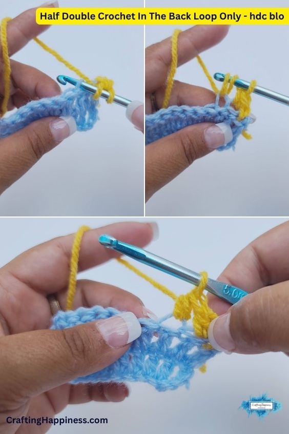 A three-panel step-by-step tutorial image showing how to work a half double crochet in the front loop only (hdc flo). The demonstration uses bright yellow yarn and a metallic blue crochet hook on a light blue crocheted swatch. This tutorial is made by Ariana Wimsett of Crafting Happiness, a well known crocheter and author.