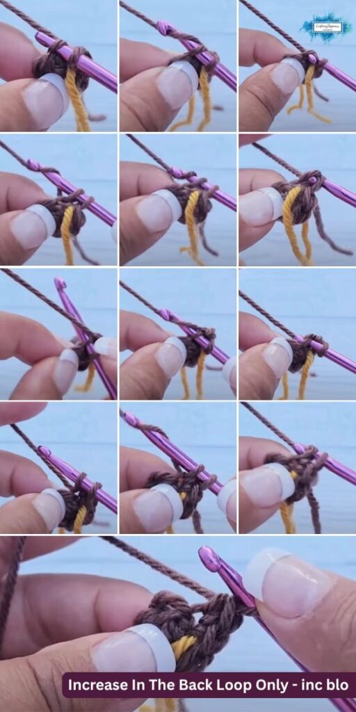 A multi-panel step-by-step tutorial image showing how to work an increase in the back loop only (inc blo). The demonstration utilizes brown yarn, a yellow stitch marker, and a purple crochet hook to show the two stitches worked into the same back loop. This tutorial is made by Ariana Wimsett of Crafting Happiness, a well known crocheter and author.