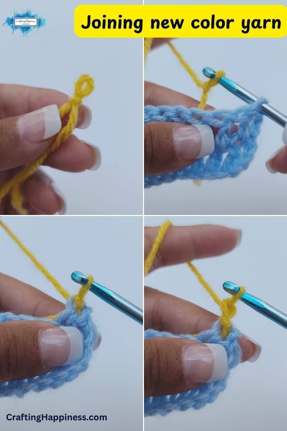A four-panel step-by-step tutorial image showing how to join a new yarn color in crochet. The demonstration features a metallic blue crochet hook introducing a bright yellow yarn loop onto a light blue crocheted swatch, illustrating how to pull the new color through to seamlessly transition between yarns. This tutorial is made by Ariana Wimsett of Crafting Happiness, a professional crochet designer and author.