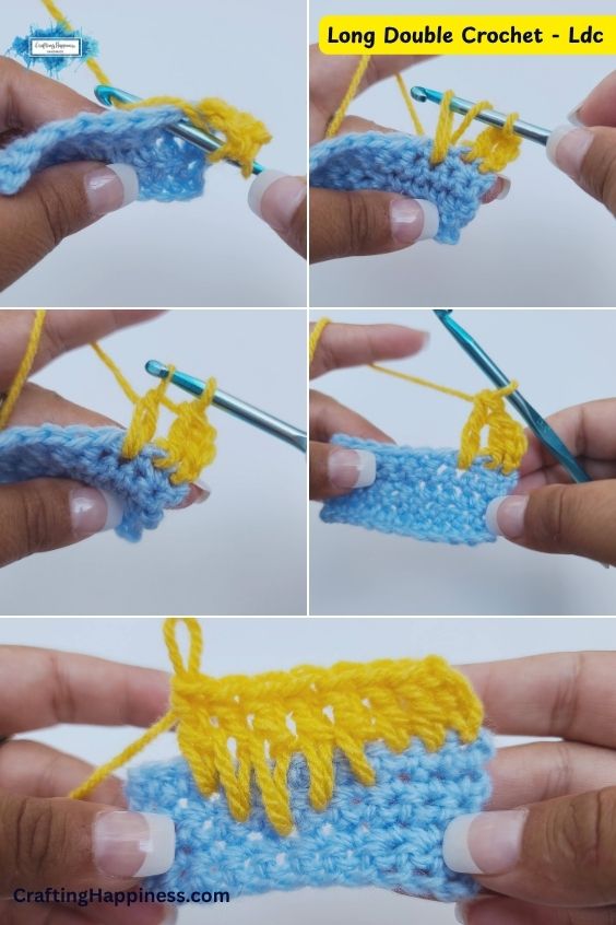 A five-panel step-by-step tutorial image showing how to work a long double crochet stitch, also known as an extended double crochet (Ldc / edc). The demonstration features a metallic blue crochet hook pulling up elongated loops of bright yellow yarn from lower rows of a light blue crocheted swatch, with the final panel showcasing a finished row of prominent, spike-like long stitches. This tutorial is made by Ariana Wimsett of Crafting Happiness, a well-known crocheter and author.