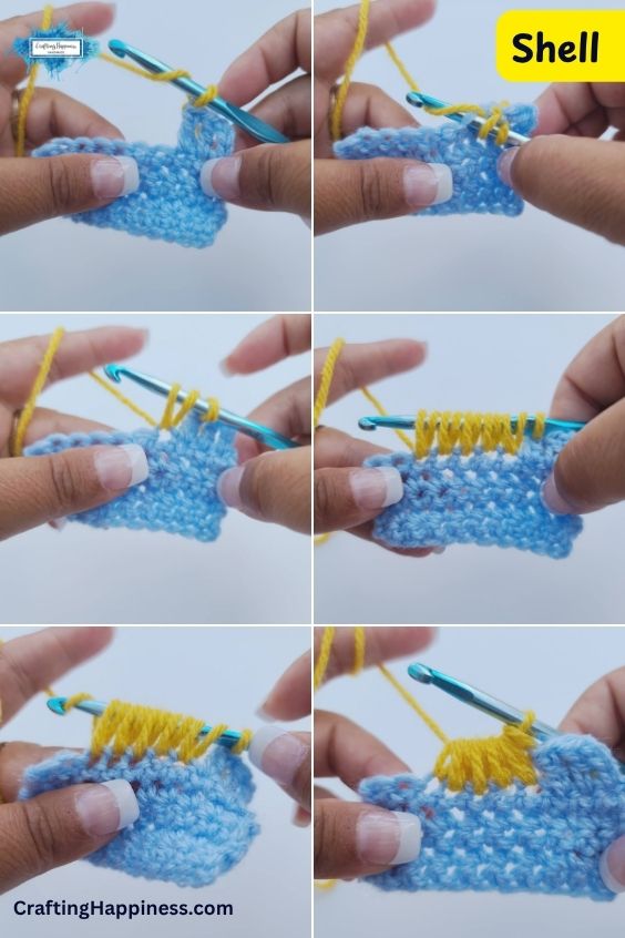 A six-panel step-by-step tutorial image showing how to work a shell crochet stitch. The demonstration features a metallic blue crochet hook working bright yellow yarn into a light blue crocheted swatch, illustrating how multiple loops are pulled up and accumulated across consecutive base stitches before being drawn together to create a fan-shaped, fan-textured shell design element. This tutorial is made by Ariana Wimsett of Crafting Happiness, a professional crochet designer and author.