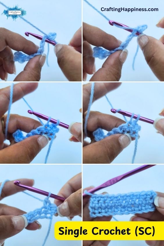 A six-panel step-by-step tutorial image showing how to crochet a single crochet (SC) stitch and row using light blue yarn and a purple crochet hook. This tutorial is made by Ariana Wimsett of Crafting Happiness, a well-known crocheter and author.