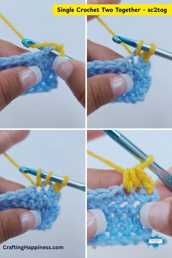 A four-panel step-by-step tutorial image showing how to work a single crochet two together (sc2tog) stitch decrease. The demonstration features a metallic blue crochet hook working bright yellow yarn into a light blue crocheted swatch, illustrating how to pull up a loop in two consecutive stitches before drawing the yarn through all loops on the hook to complete the decrease. This tutorial is made by Ariana Wimsett of Crafting Happiness, a professional crochet designer and author.