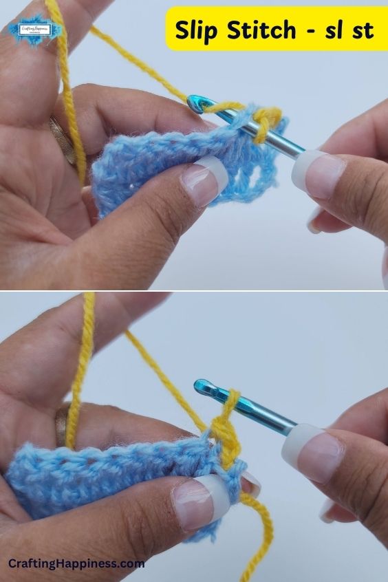 A two-panel step-by-step tutorial image showing how to crochet a slip stitch (sl st) with bright yellow yarn onto a light blue crocheted swatch using a metallic blue crochet hook. This tutorial is made by Ariana Wimsett of Crafting Happiness, a well-known crocheter and author.