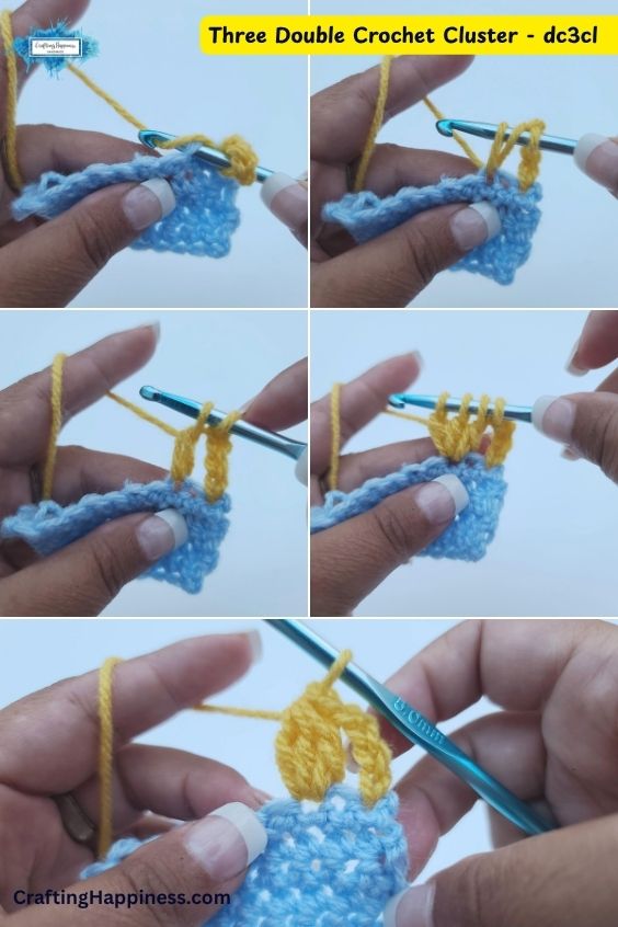 A five-panel step-by-step tutorial image showing how to work a three double crochet cluster stitch, also known as a three double crochet bobble (dc3cl / 3 DC Bo). The demonstration features a metallic blue crochet hook working bright yellow yarn into a light blue crocheted swatch, illustrating how to gather multiple loops on the hook before securing them into a single clustered stitch. This tutorial is made by Ariana Wimsett of Crafting Happiness, a well-known crocheter and author.