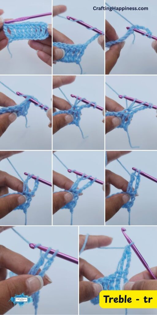 A multi-panel step-by-step tutorial image showing how to crochet a treble crochet (tr) stitch and row using light blue yarn and a purple crochet hook. This tutorial is made by Ariana Wimsett of Crafting Happiness, a well-known crocheter and author.