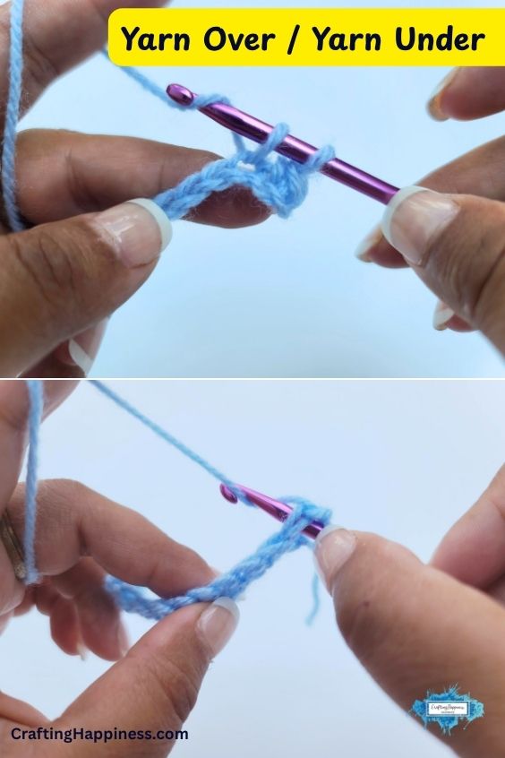 A two-panel comparison tutorial image illustrating the difference between the yarn over and yarn under techniques using light blue yarn and a purple crochet hook. This tutorial is made by Ariana Wimsett of Crafting Happiness, a well-known crocheter and author.