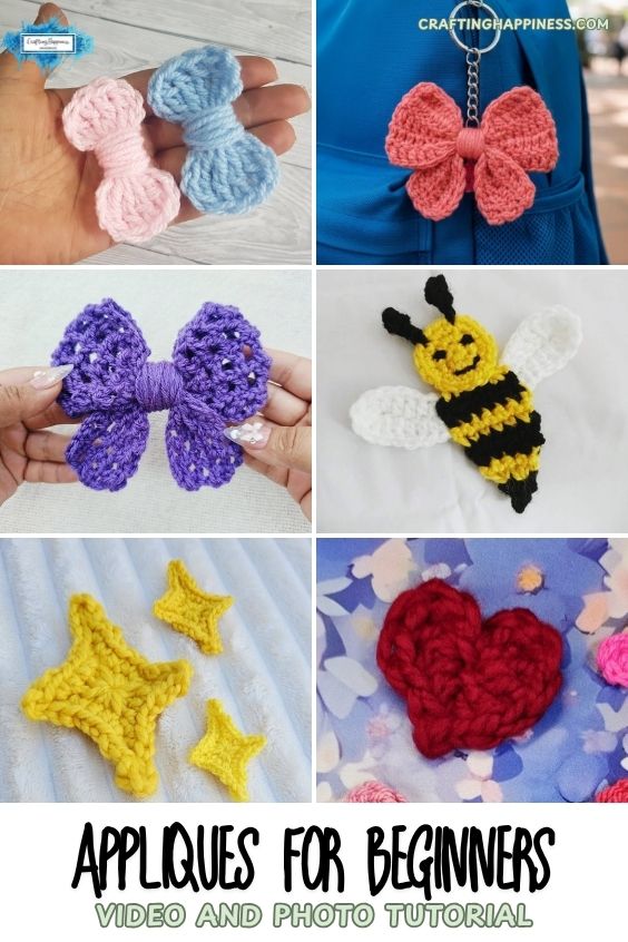 A vertical collage pin divided into six rectangular image panels. The panels show a pair of hands holding small pink and blue bows, a pink crochet bow attached to a keychain on a blue bag, a purple mesh bow held up by hands, a single striped bumblebee applique, three yellow stars on a soft white background, and a textured red heart on a floral surface. Large black block text at the bottom reads "APPLIQUES FOR BEGINNERS" followed by smaller green text reading "VIDEO AND PHOTO TUTORIAL".