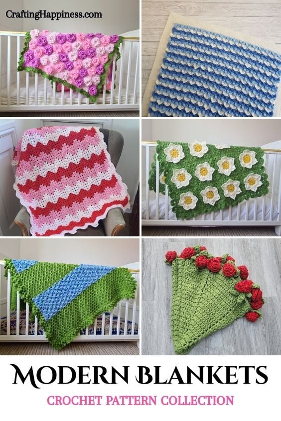 Six colorful crochet baby blankets with floral and textured designs. Modern Blankets Crochet Pattern Collection