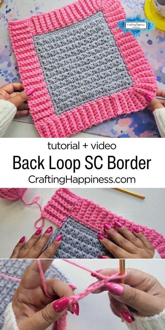 A two-panel vertical graphic. The top panel shows hands displaying a corner of a grey crochet piece with a pink ribbed border under the text "FREE TUTORIAL CRAFTINGHAPPINESS.COM". The bottom panel shows hands working on the pink border next to a gold crochet hook and pink yarn. Original design by Ariana of CraftingHappiness.
