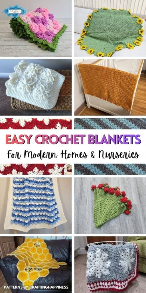Easy Crochet Blankets for Modern Homes & Nurseries. Collage of various crochet blanket patterns by CraftingHappiness